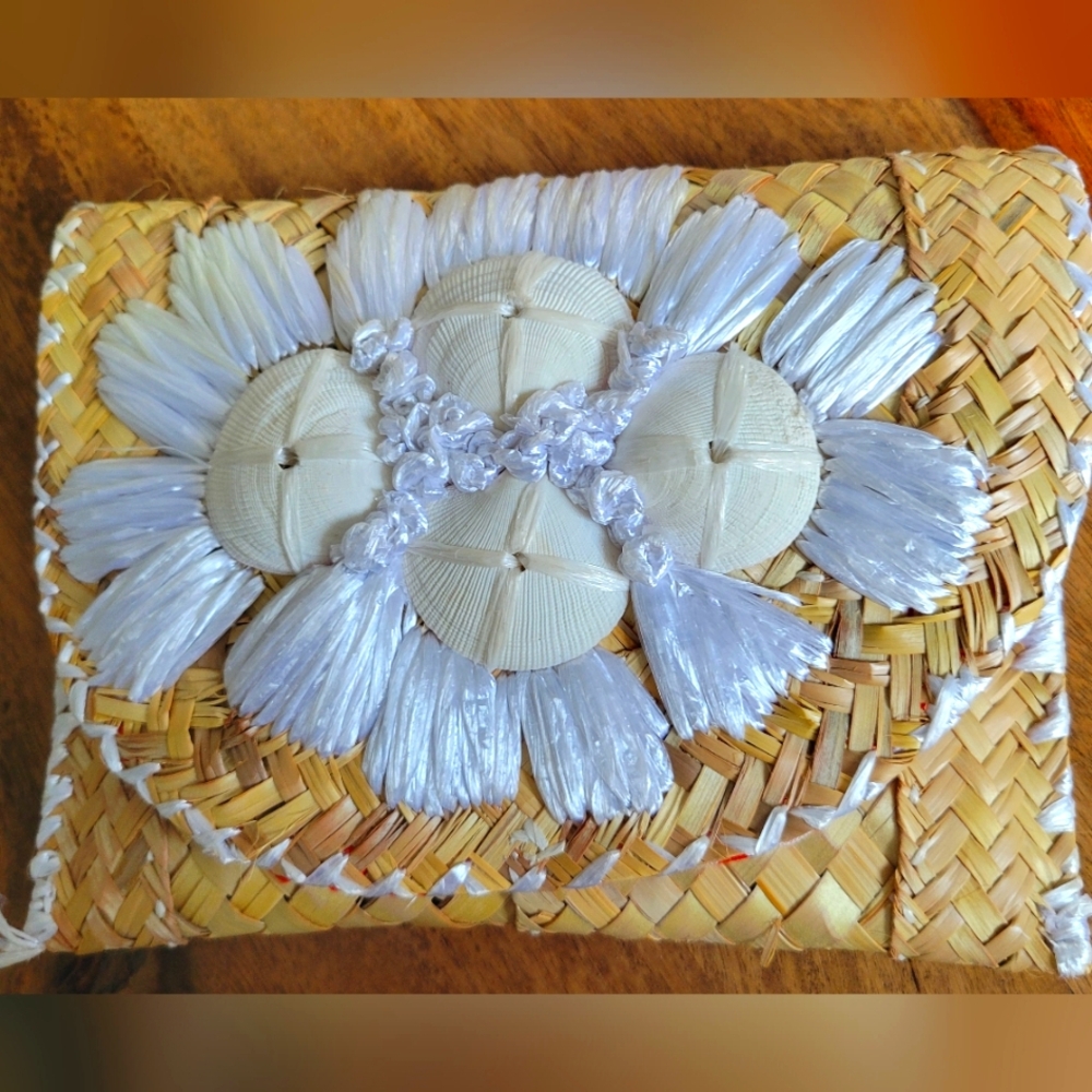Woven Straw Clutch with White Sea Shell Accents